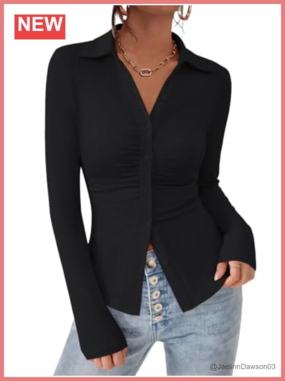 Womens Button Down Shirt V Neck Collared Ruched Slim Fit Long Sleeve Blouse